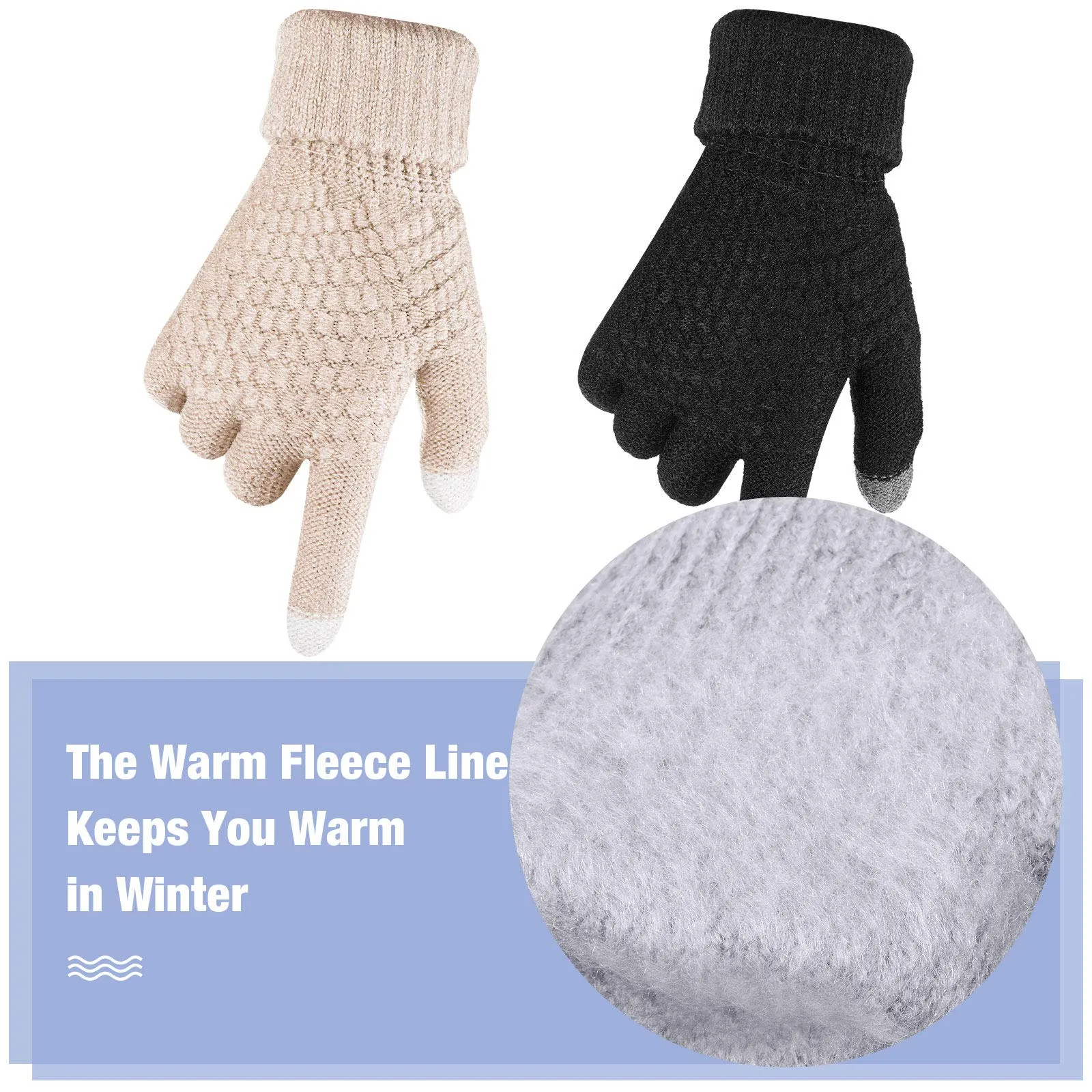 2 Pairs Women's Winter Touch Screen Gloves Warm Fleece Lined Knit Gloves Elastic Cuff Winter Texting Gloves Black, Beige