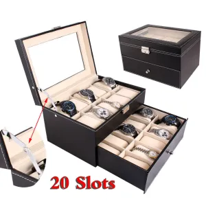 20 Slot Watch Box Leather Display Case Organizer Top Glass Jewelry Storage Black