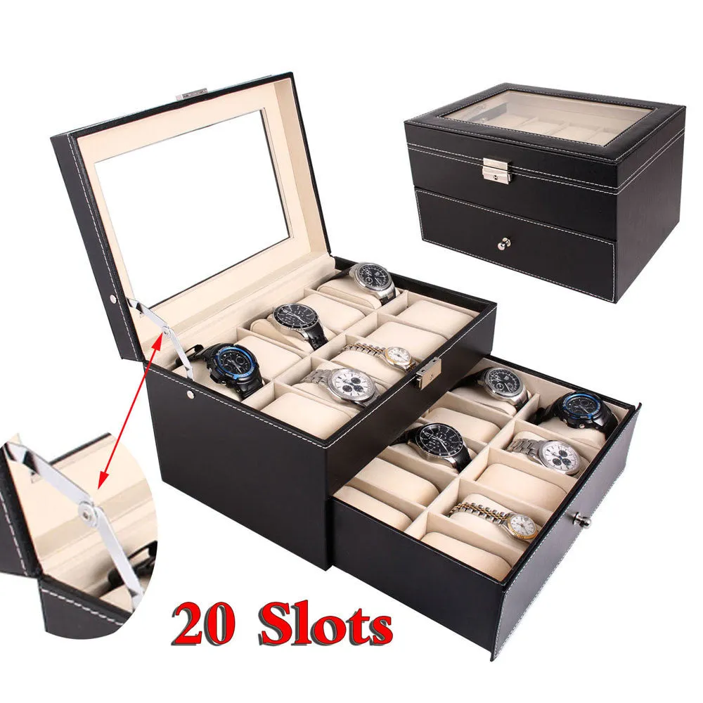20 Slot Watch Box Leather Display Case Organizer Top Glass Jewelry Storage Black