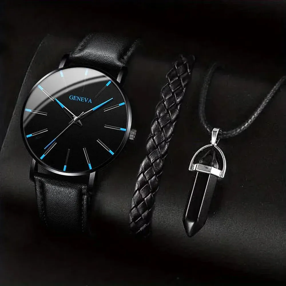 3 Piece Mens Business Watch Set Leather Band