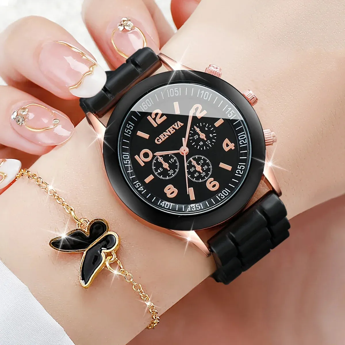 6 Piece Butterfly Watch Set Silicone Band - Without Box