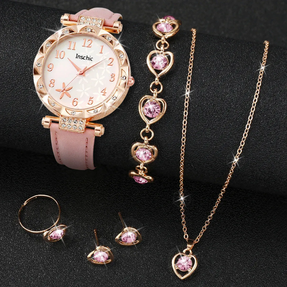 6 Piece Floral Dial Quartz Watch Jewelry Set