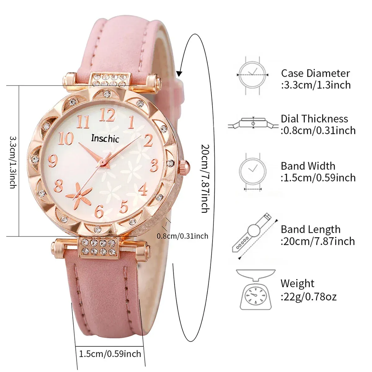 6 Piece Floral Dial Quartz Watch Jewelry Set