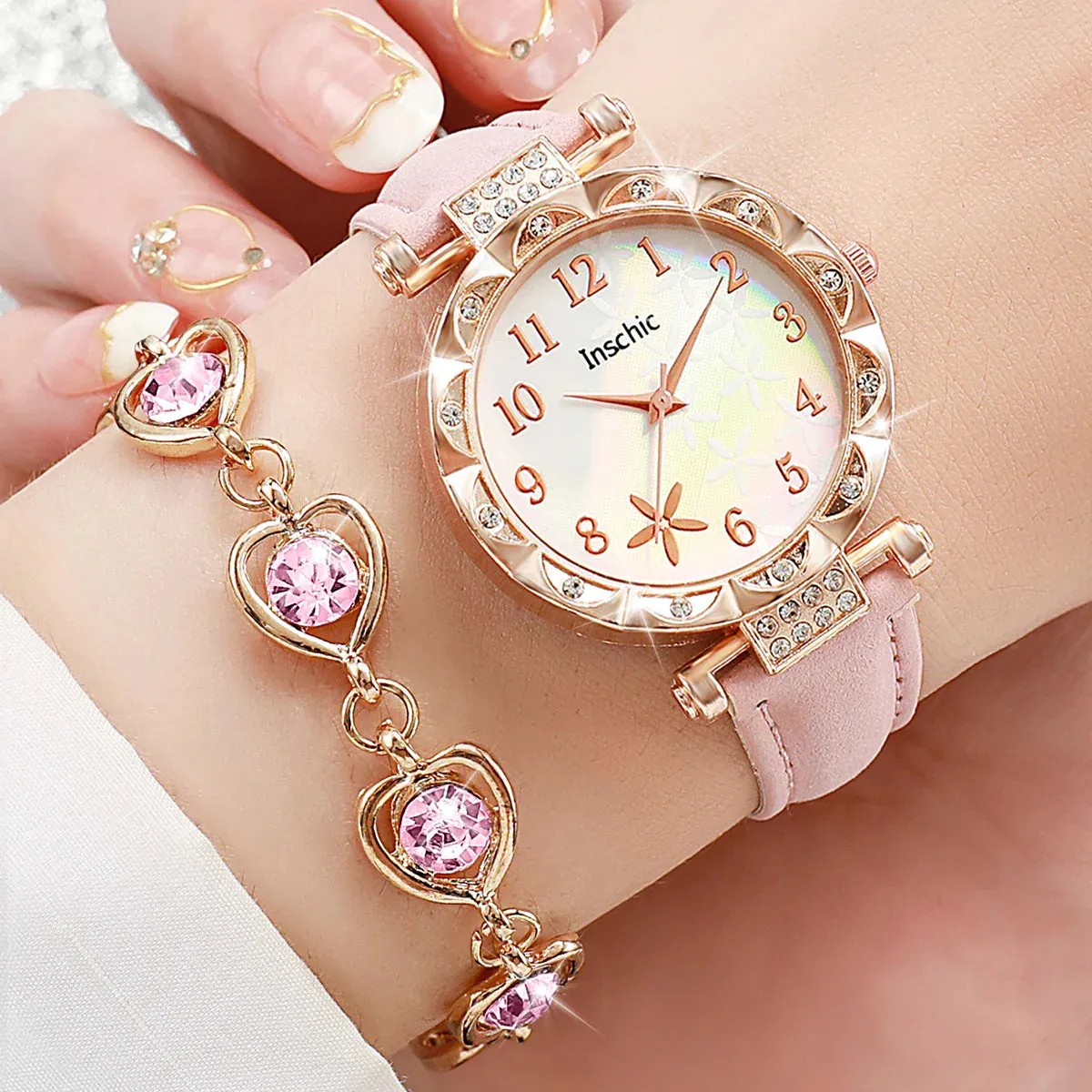 6 Piece Floral Dial Quartz Watch Jewelry Set