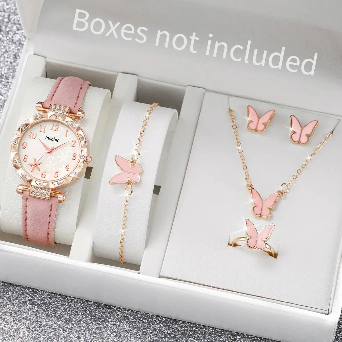 6 Piece Floral Leather Band Watch Set - Without Box