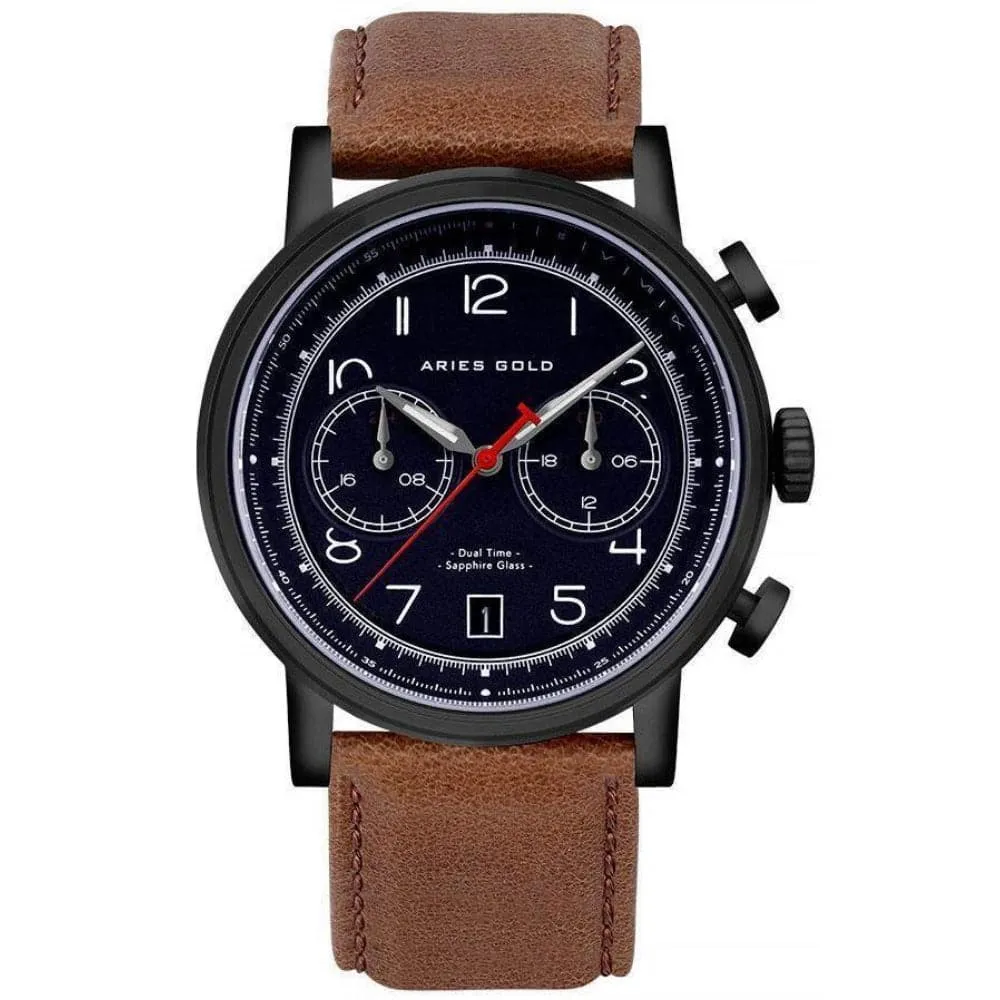 ARIES GOLD URBAN JOURNEY BLACK STAINLESS STEEL G 1025 BK-BU BROWN LEATHER STRAP MEN'S WATCH