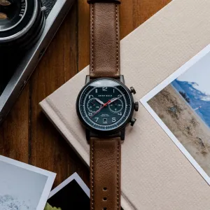 ARIES GOLD URBAN JOURNEY BLACK STAINLESS STEEL G 1025 BK-BU BROWN LEATHER STRAP MEN'S WATCH