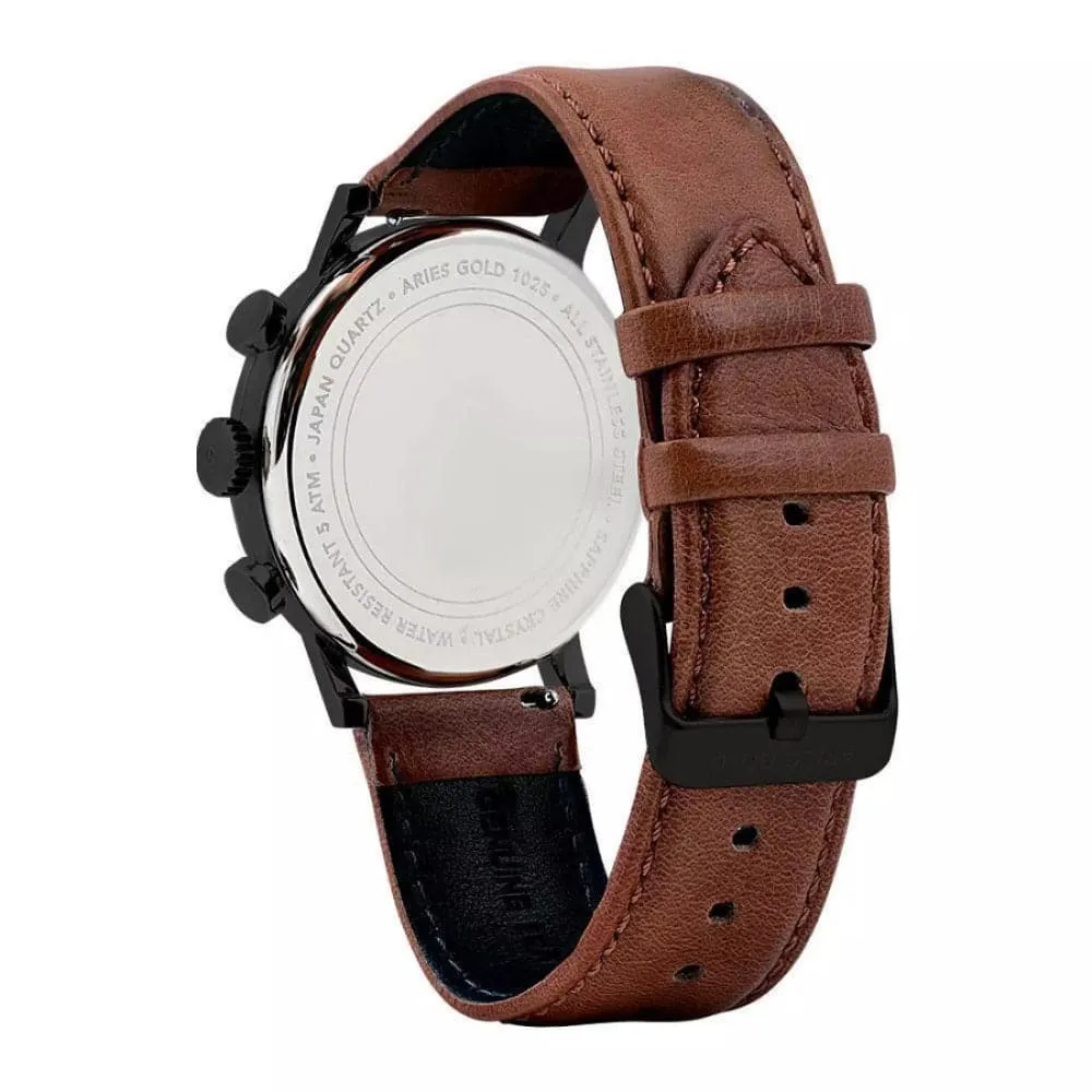 ARIES GOLD URBAN JOURNEY BLACK STAINLESS STEEL G 1025 BK-BU BROWN LEATHER STRAP MEN'S WATCH