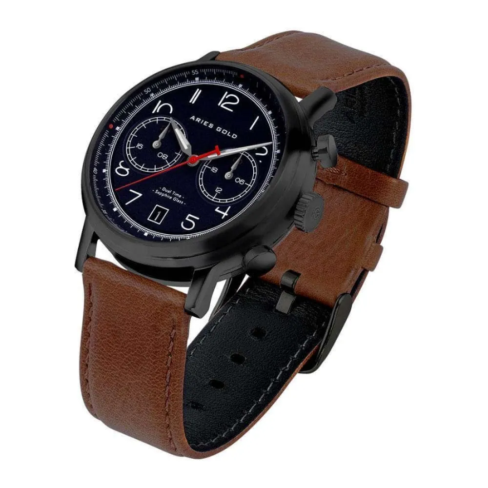ARIES GOLD URBAN JOURNEY BLACK STAINLESS STEEL G 1025 BK-BU BROWN LEATHER STRAP MEN'S WATCH