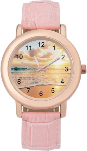Beach Sunrise Over Sea Wrist Watches for Women Pink Leather Band Watch Fashion Three-Hand Watch Gift for Ladies