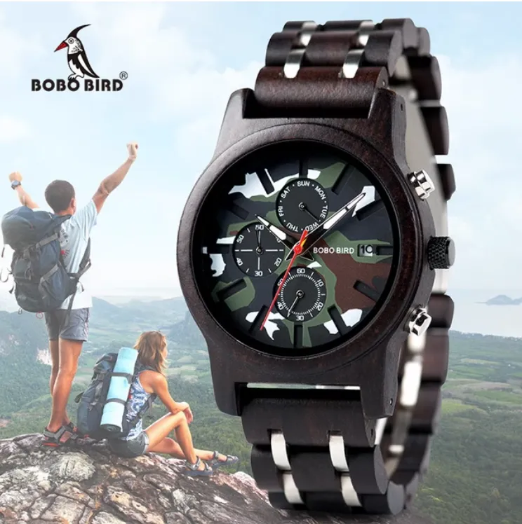 BOBOBIRD CAMO WOODEN WATCH WITH MULTIFUNCTION