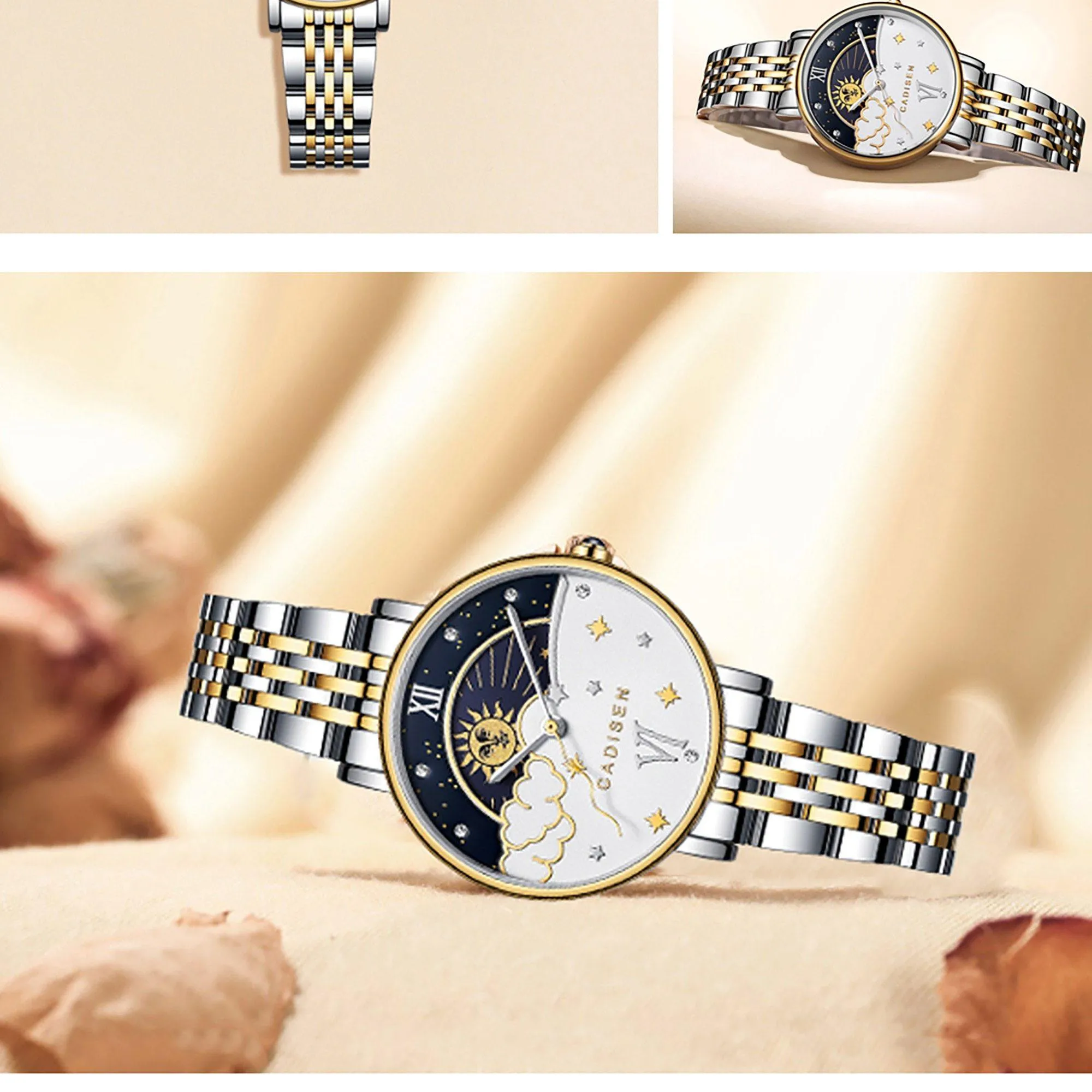 CADISEN New Women Gift Fashion Brand Quartz Wristwatch Ladies Luxury Rose Gold Watch Female Moon Phase Watch Relogio Feminino