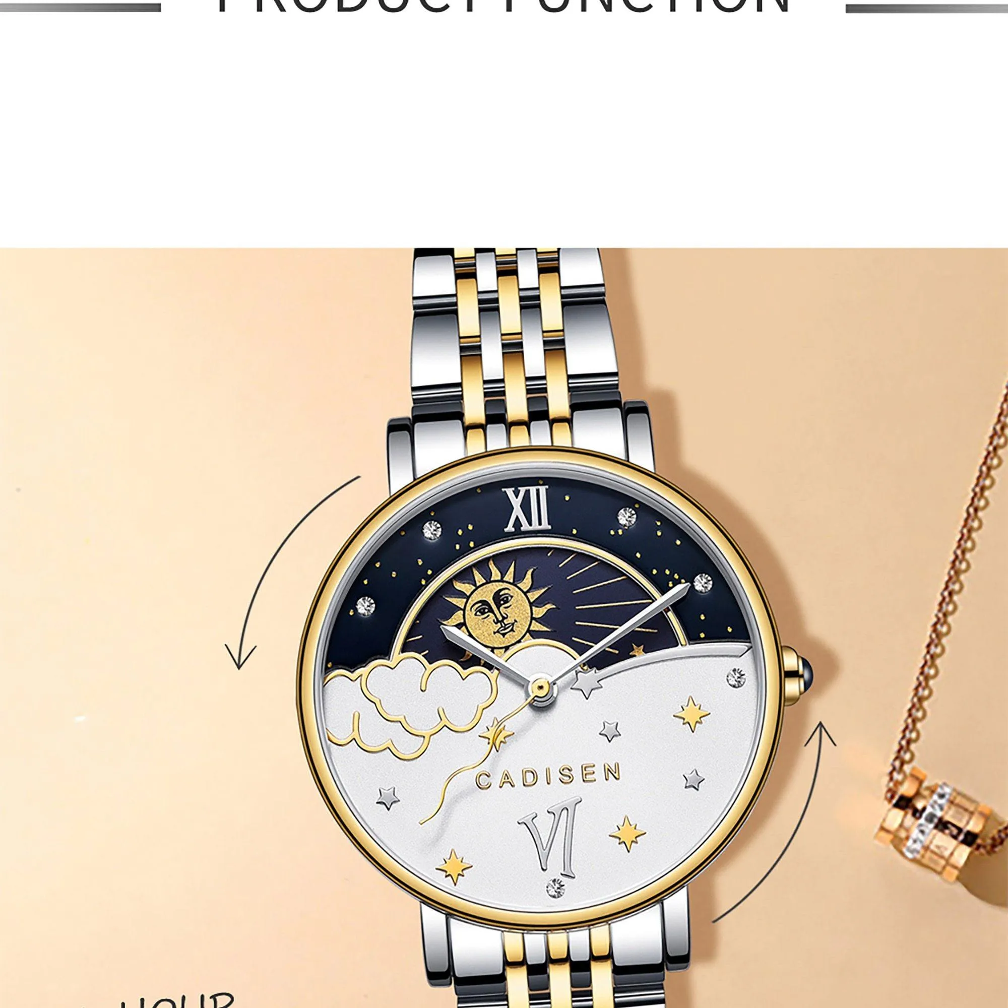 CADISEN New Women Gift Fashion Brand Quartz Wristwatch Ladies Luxury Rose Gold Watch Female Moon Phase Watch Relogio Feminino