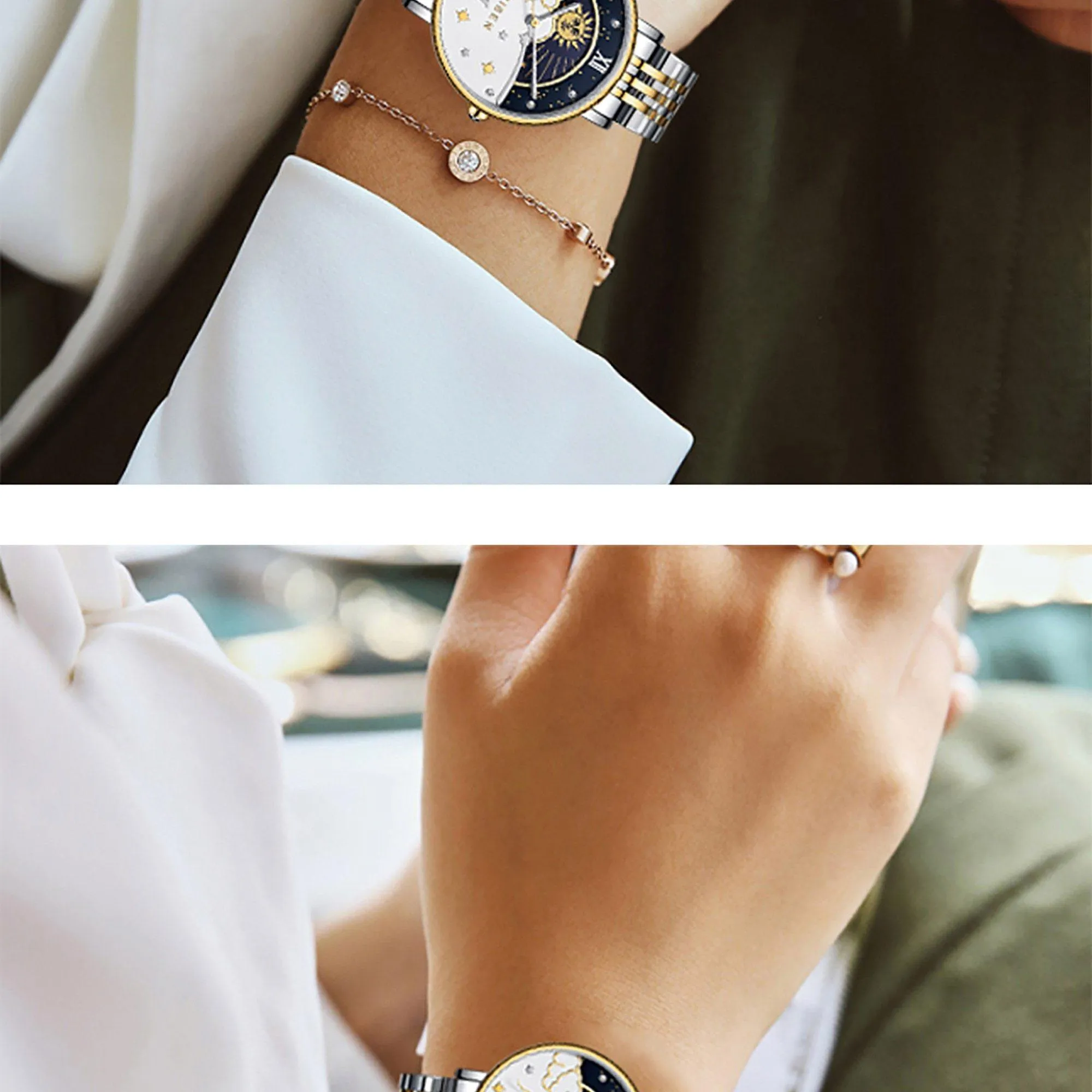 CADISEN New Women Gift Fashion Brand Quartz Wristwatch Ladies Luxury Rose Gold Watch Female Moon Phase Watch Relogio Feminino