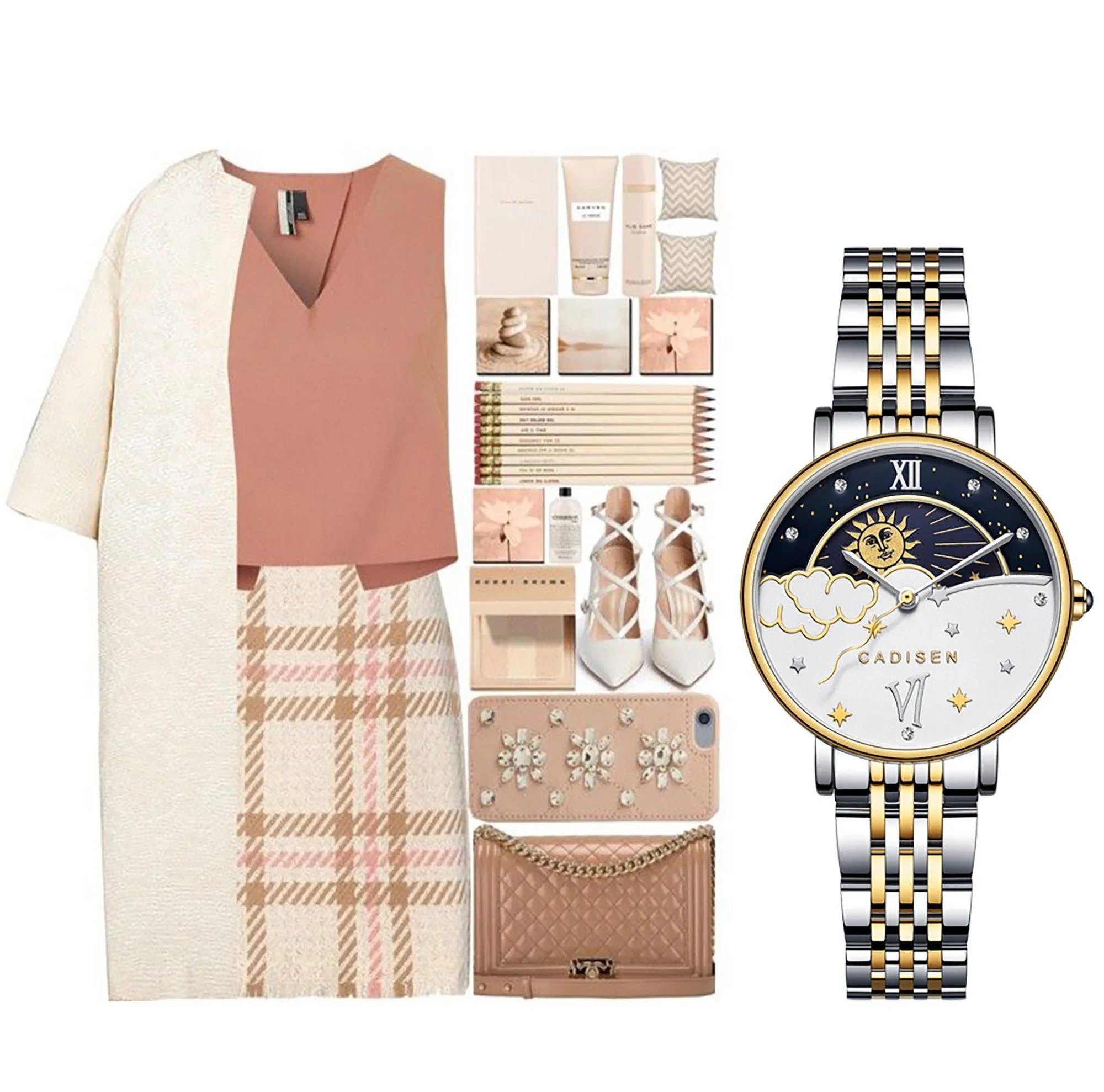 CADISEN New Women Gift Fashion Brand Quartz Wristwatch Ladies Luxury Rose Gold Watch Female Moon Phase Watch Relogio Feminino