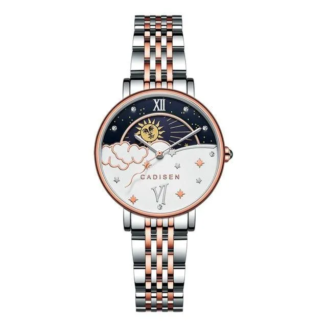CADISEN New Women Gift Fashion Brand Quartz Wristwatch Ladies Luxury Rose Gold Watch Female Moon Phase Watch Relogio Feminino