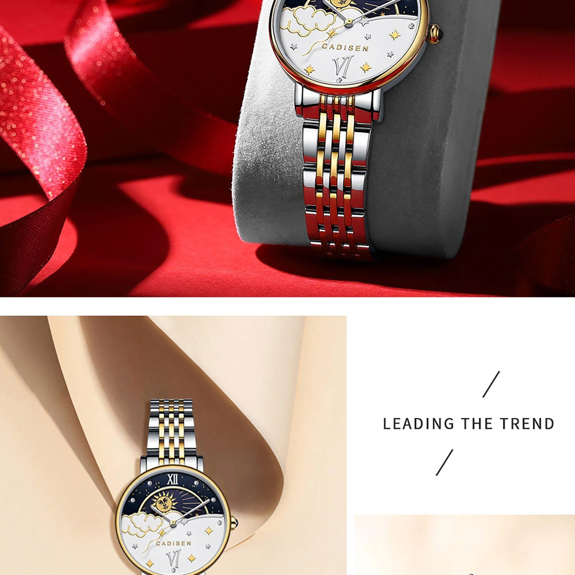 CADISEN New Women Gift Fashion Brand Quartz Wristwatch Ladies Luxury Rose Gold Watch Female Moon Phase Watch Relogio Feminino