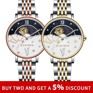 CADISEN New Women Gift Fashion Brand Quartz Wristwatch Ladies Luxury Rose Gold Watch Female Moon Phase Watch Relogio Feminino