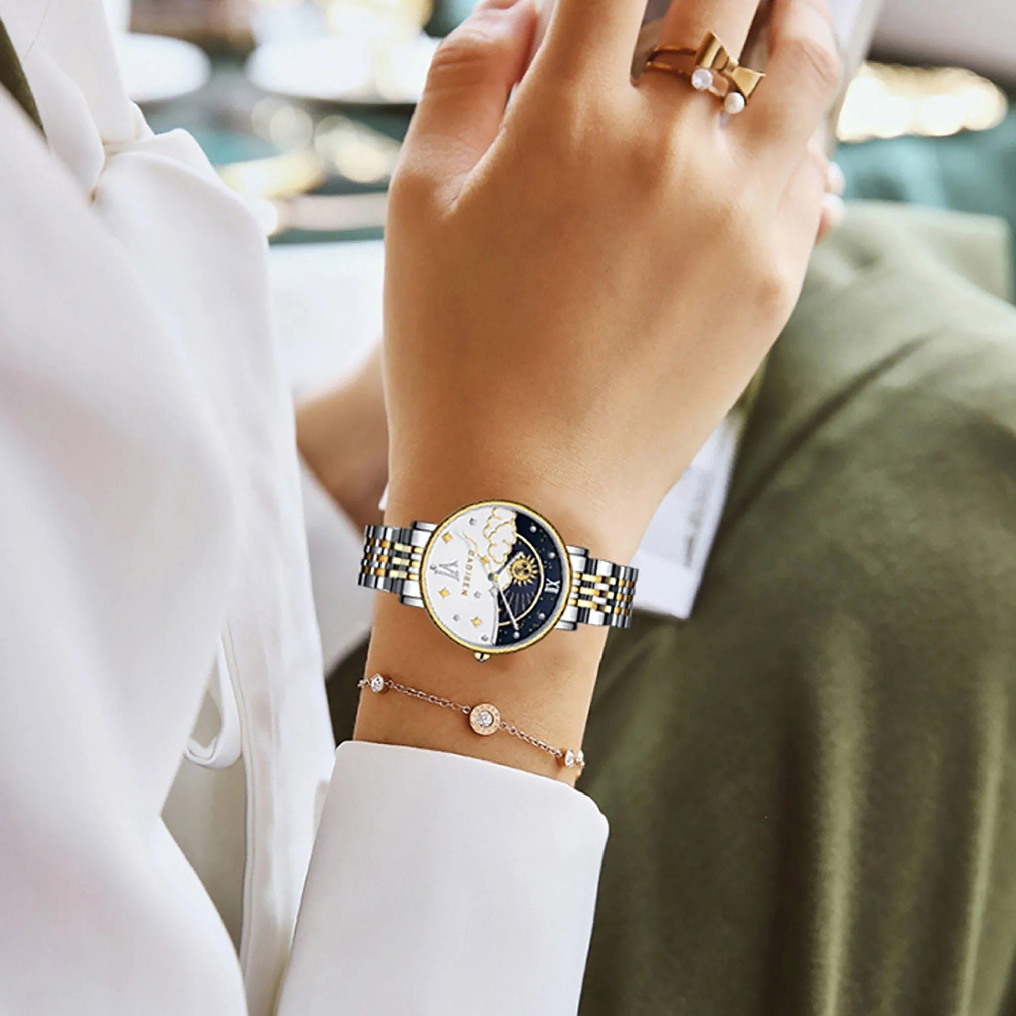 CADISEN New Women Gift Fashion Brand Quartz Wristwatch Ladies Luxury Rose Gold Watch Female Moon Phase Watch Relogio Feminino