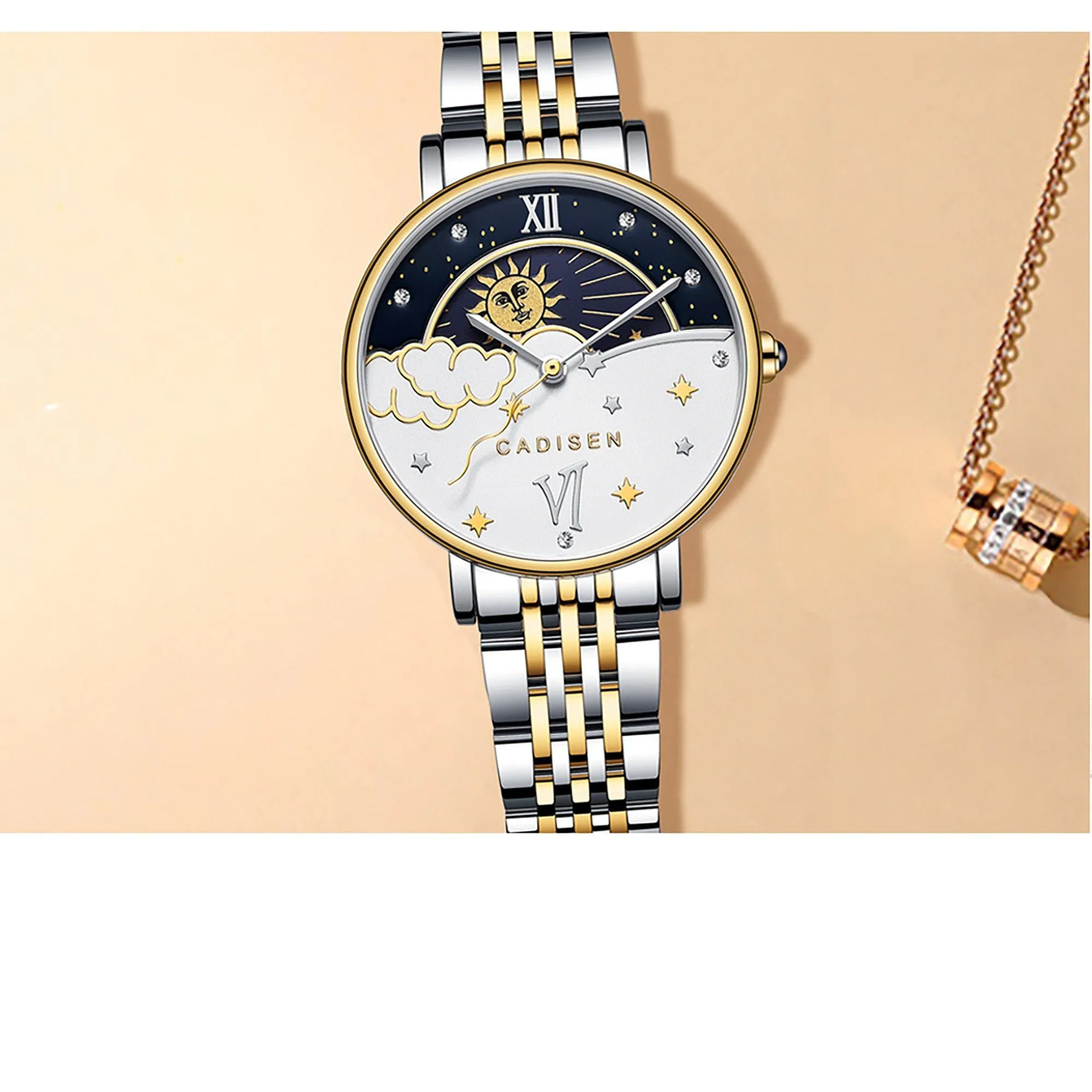 CADISEN New Women Gift Fashion Brand Quartz Wristwatch Ladies Luxury Rose Gold Watch Female Moon Phase Watch Relogio Feminino