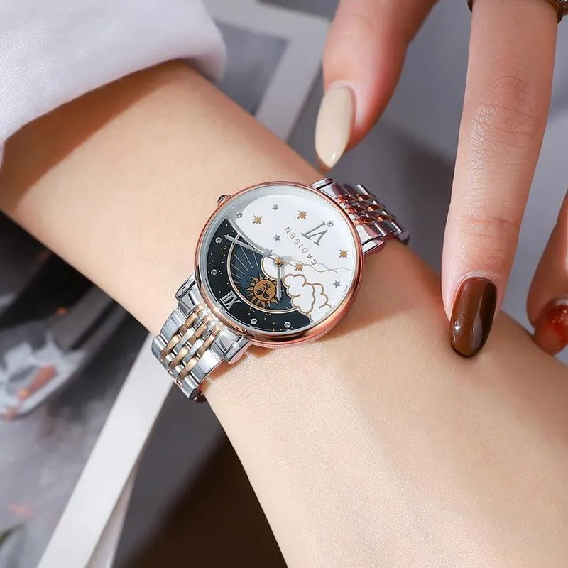 CADISEN New Women Gift Fashion Brand Quartz Wristwatch Ladies Luxury Rose Gold Watch Female Moon Phase Watch Relogio Feminino