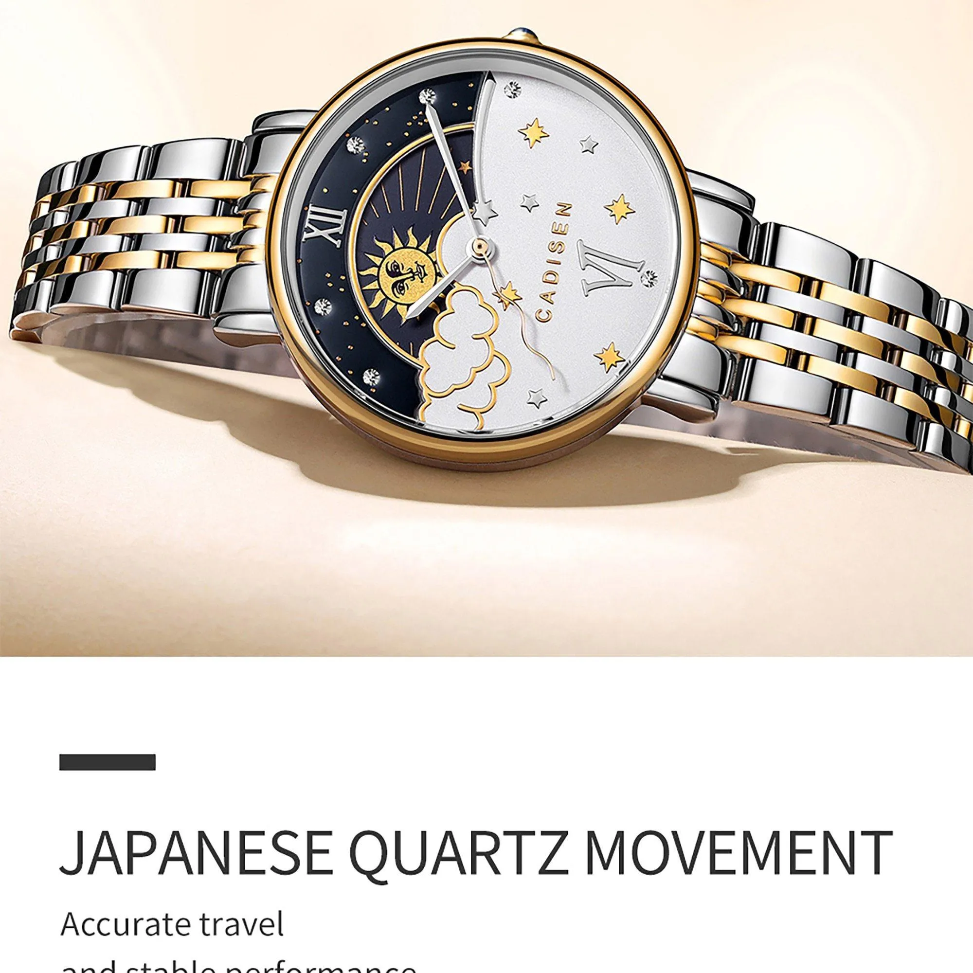 CADISEN New Women Gift Fashion Brand Quartz Wristwatch Ladies Luxury Rose Gold Watch Female Moon Phase Watch Relogio Feminino
