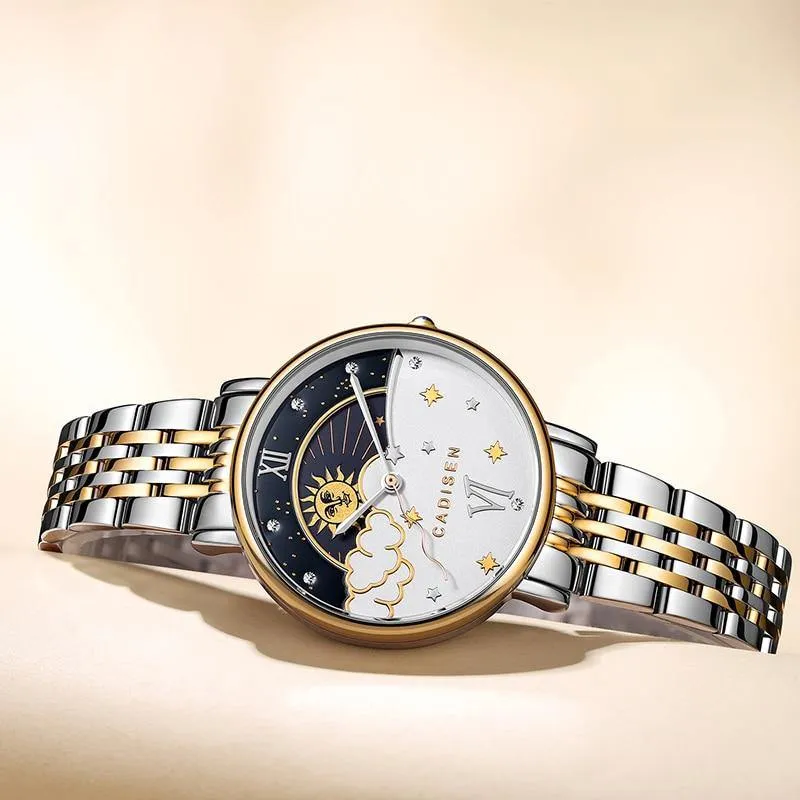CADISEN New Women Gift Fashion Brand Quartz Wristwatch Ladies Luxury Rose Gold Watch Female Moon Phase Watch Relogio Feminino