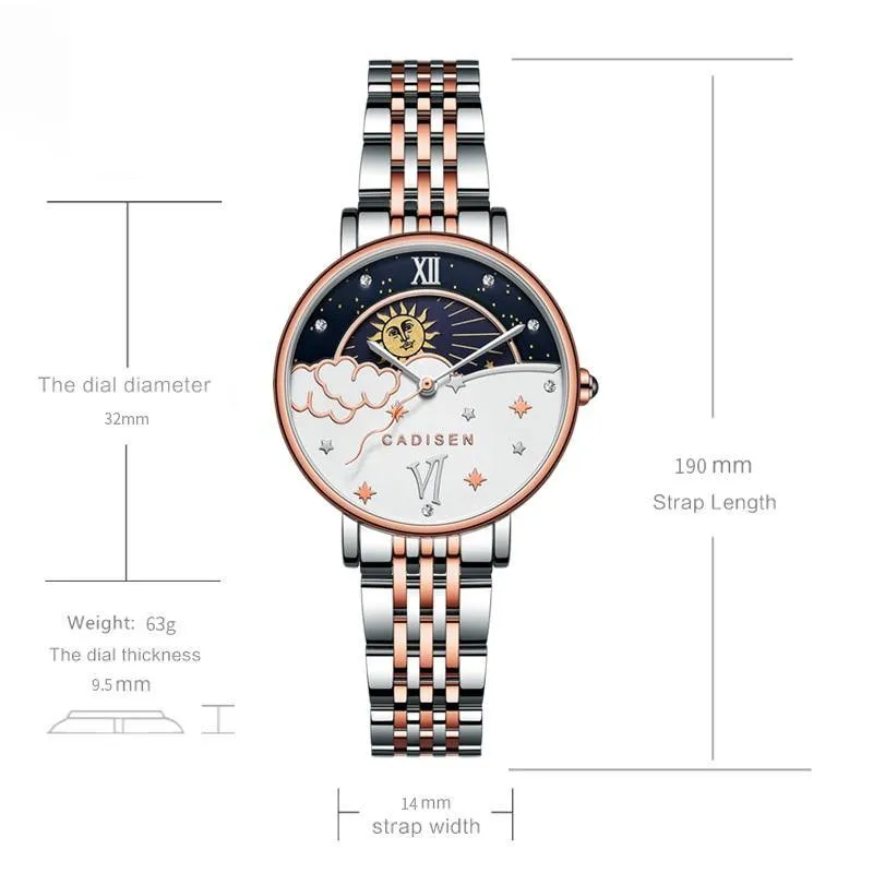 CADISEN New Women Gift Fashion Brand Quartz Wristwatch Ladies Luxury Rose Gold Watch Female Moon Phase Watch Relogio Feminino