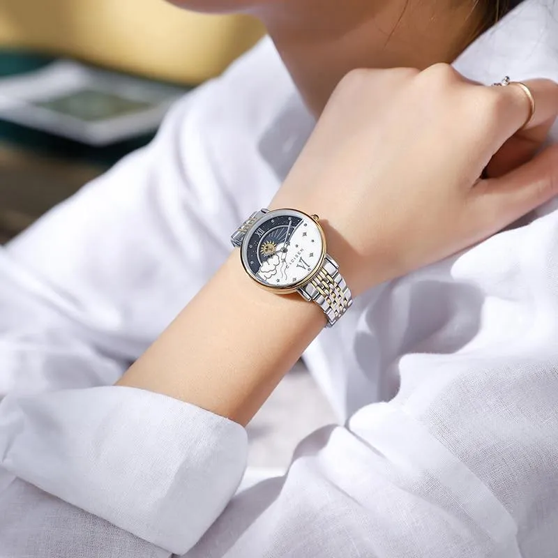 CADISEN New Women Gift Fashion Brand Quartz Wristwatch Ladies Luxury Rose Gold Watch Female Moon Phase Watch Relogio Feminino