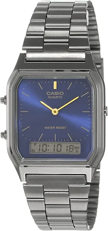 Casio Men's Blue Dial Gray Stainless Steel Band Quartz Watch - AQ-230GG-2ADF