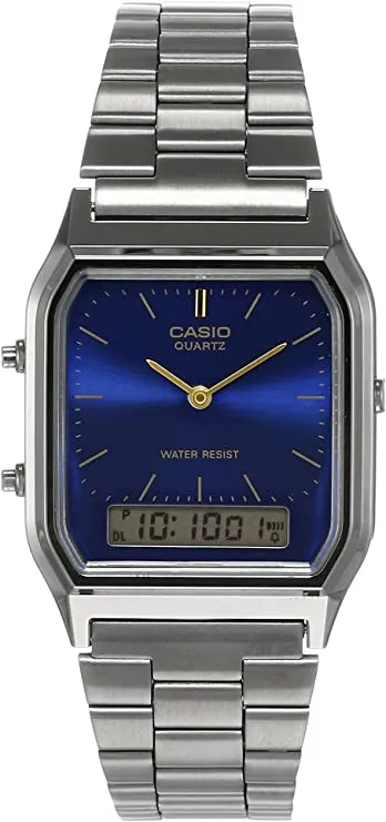 Casio Men's Blue Dial Gray Stainless Steel Band Quartz Watch - AQ-230GG-2ADF
