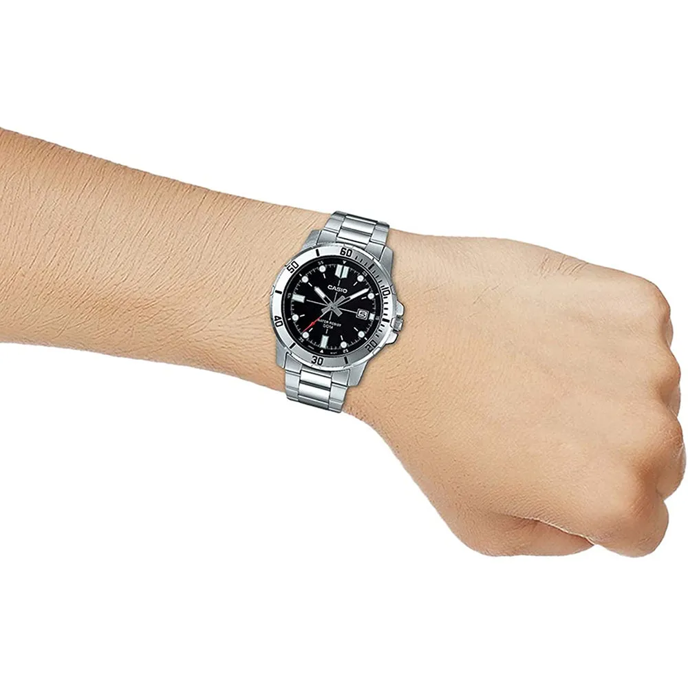 Casio Mens Enticer Silver Stainless Steel Black Dial Casual Analog Sporty Watch - MTP-VD01D-1EVUDF