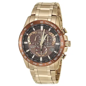 Citizen Mens Eco-drive PCAT Radio Controlled Brown Dial Rose Gold Band Stainless Steel Strap Chronograph Watch - CB5896-54X