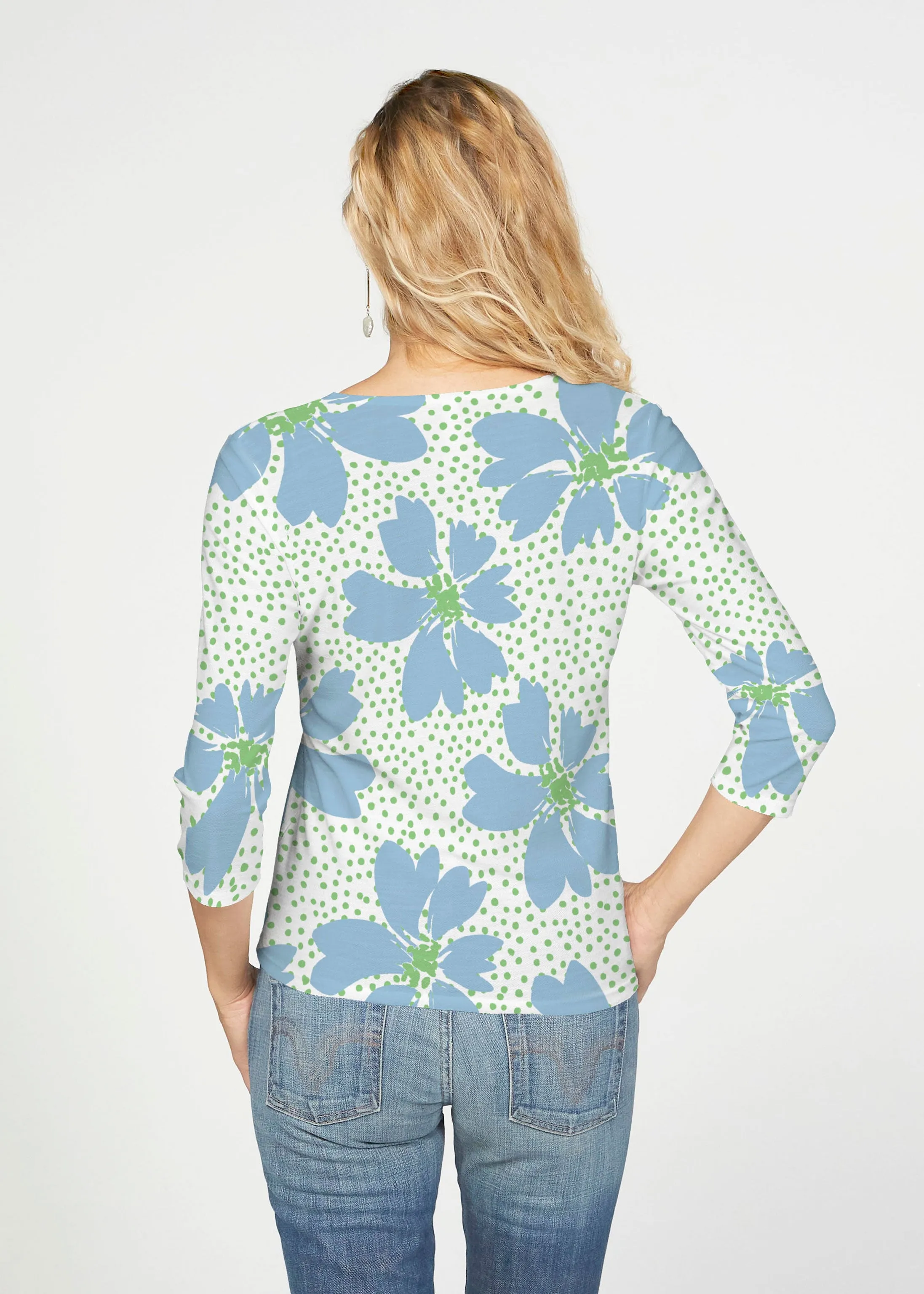 Daisy Dots Blue (8081) ~ French Terry Tie 3/4 Sleeve Top