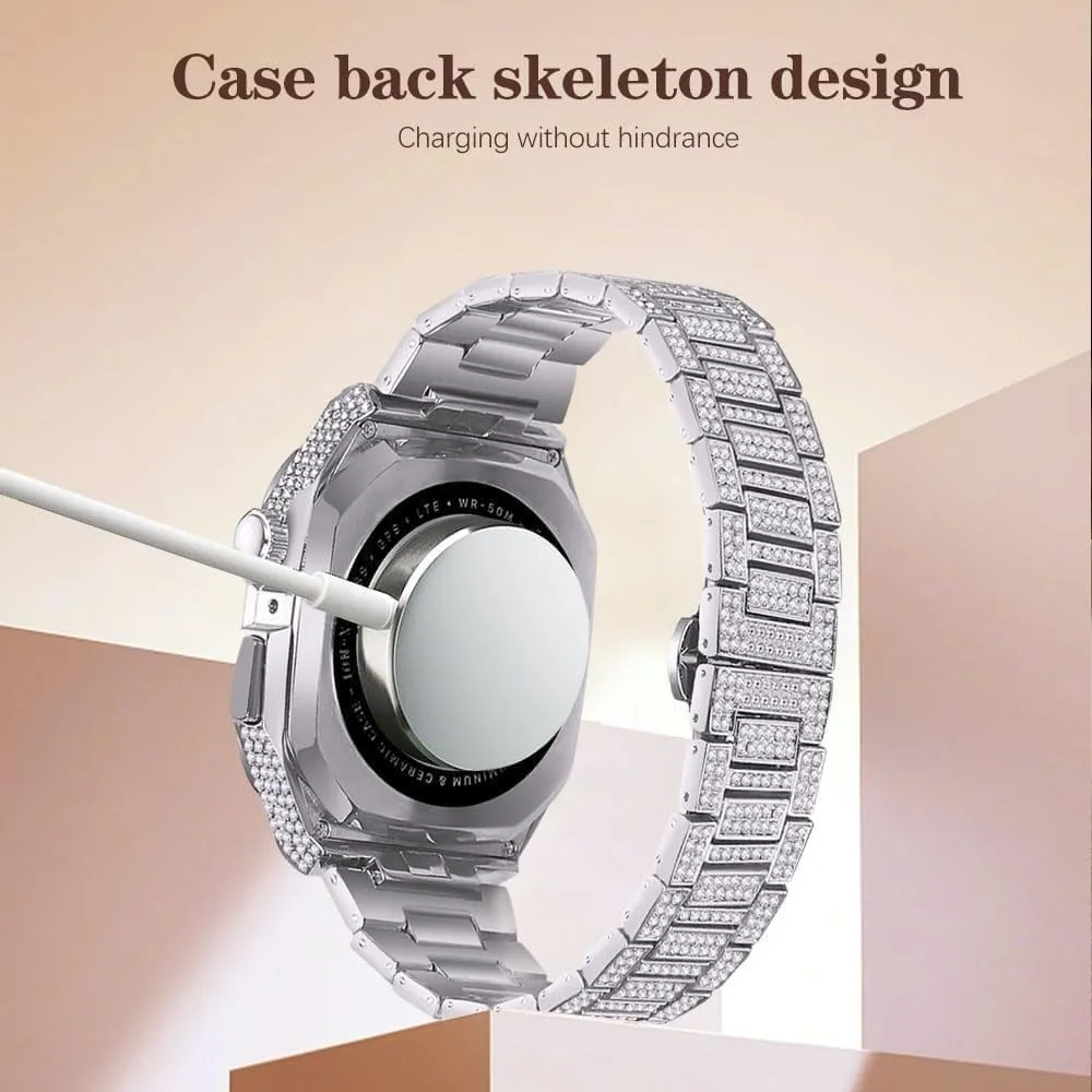 Diamond Watch Case Metal Watch Strap Modification KitFor Apple Watch 8 7 6 5 4 SE Fashion Business Watch Band for Lady Women GirlsFor Iwatch Series 44mm 45mm
