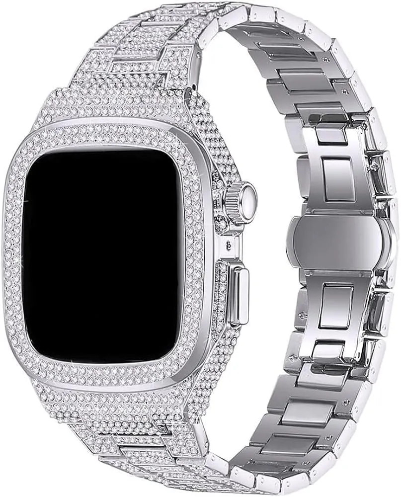 Diamond Watch Case Metal Watch Strap Modification KitFor Apple Watch 8 7 6 5 4 SE Fashion Business Watch Band for Lady Women GirlsFor Iwatch Series 44mm 45mm