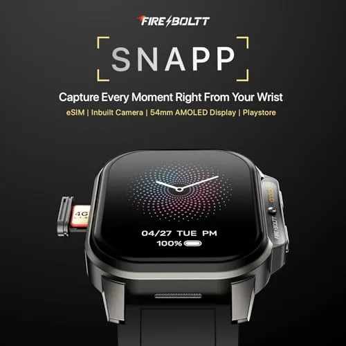 Fire-Boltt Snapp Smart Watch, Selfie Camera, 4G Nano-SIM Slot, 54.1mm AMOLED Display, Play Store- Unlimited apps, 1000mAh Battery, 2GB/4GB RAM   16GB/64GB ROM (Archaic Black)