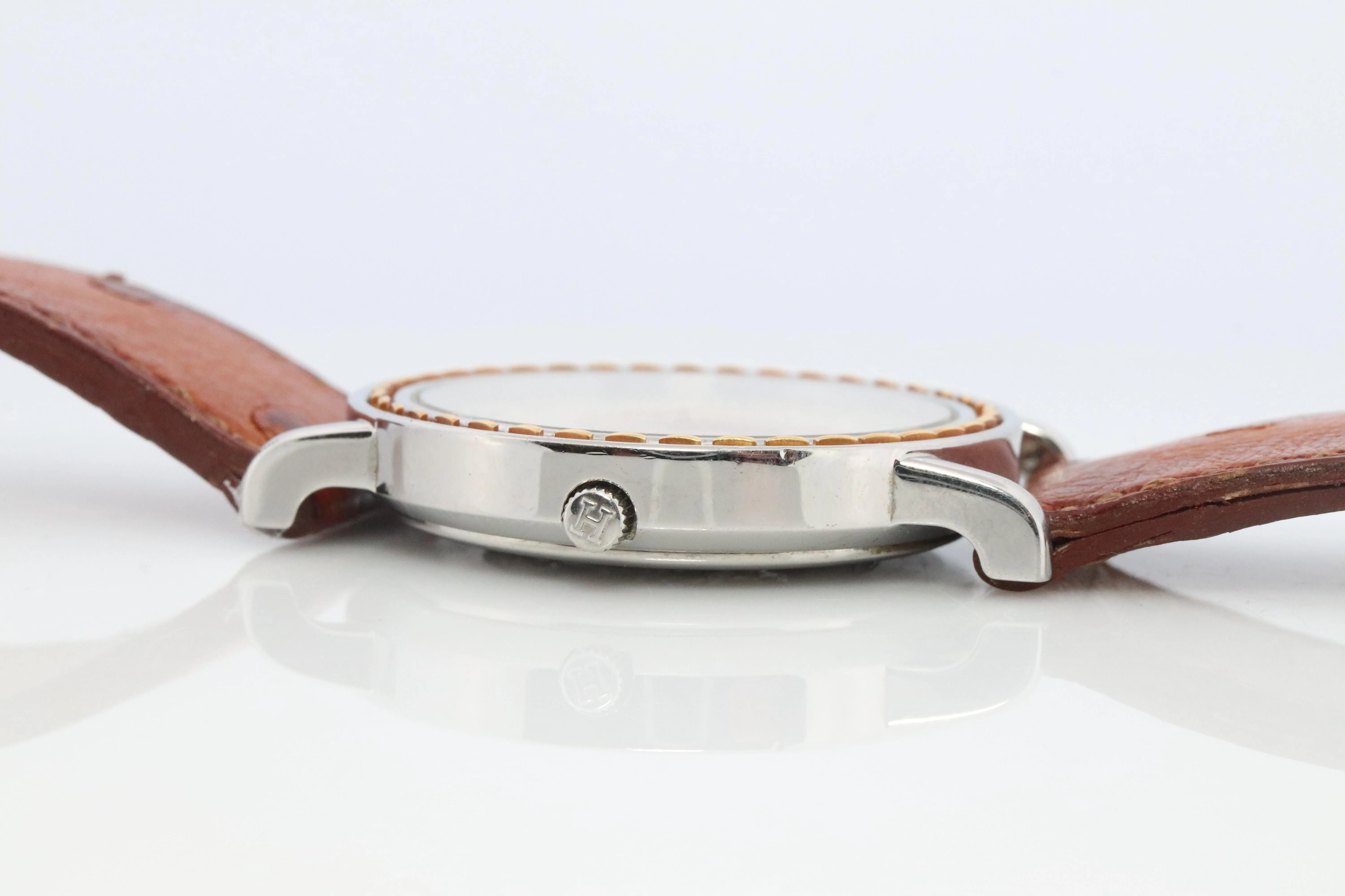 Genuine HERMES Sellier 34mm Round SS and 18k Quartz Hermes SE3.720 Mens Watch