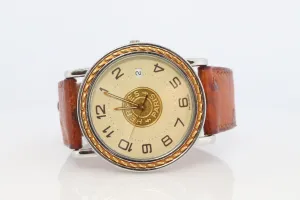 Genuine HERMES Sellier 34mm Round SS and 18k Quartz Hermes SE3.720 Mens Watch