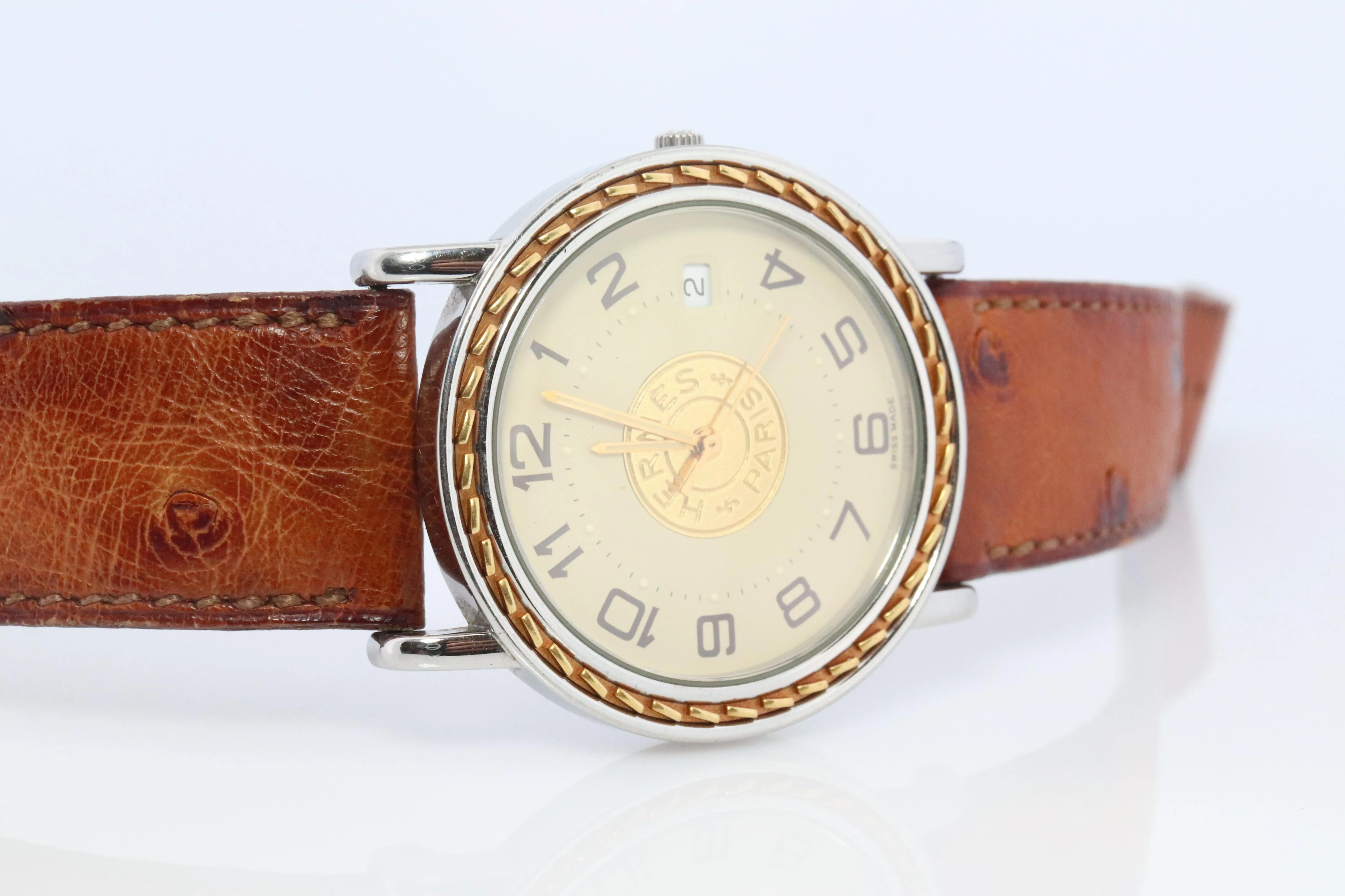 Genuine HERMES Sellier 34mm Round SS and 18k Quartz Hermes SE3.720 Mens Watch
