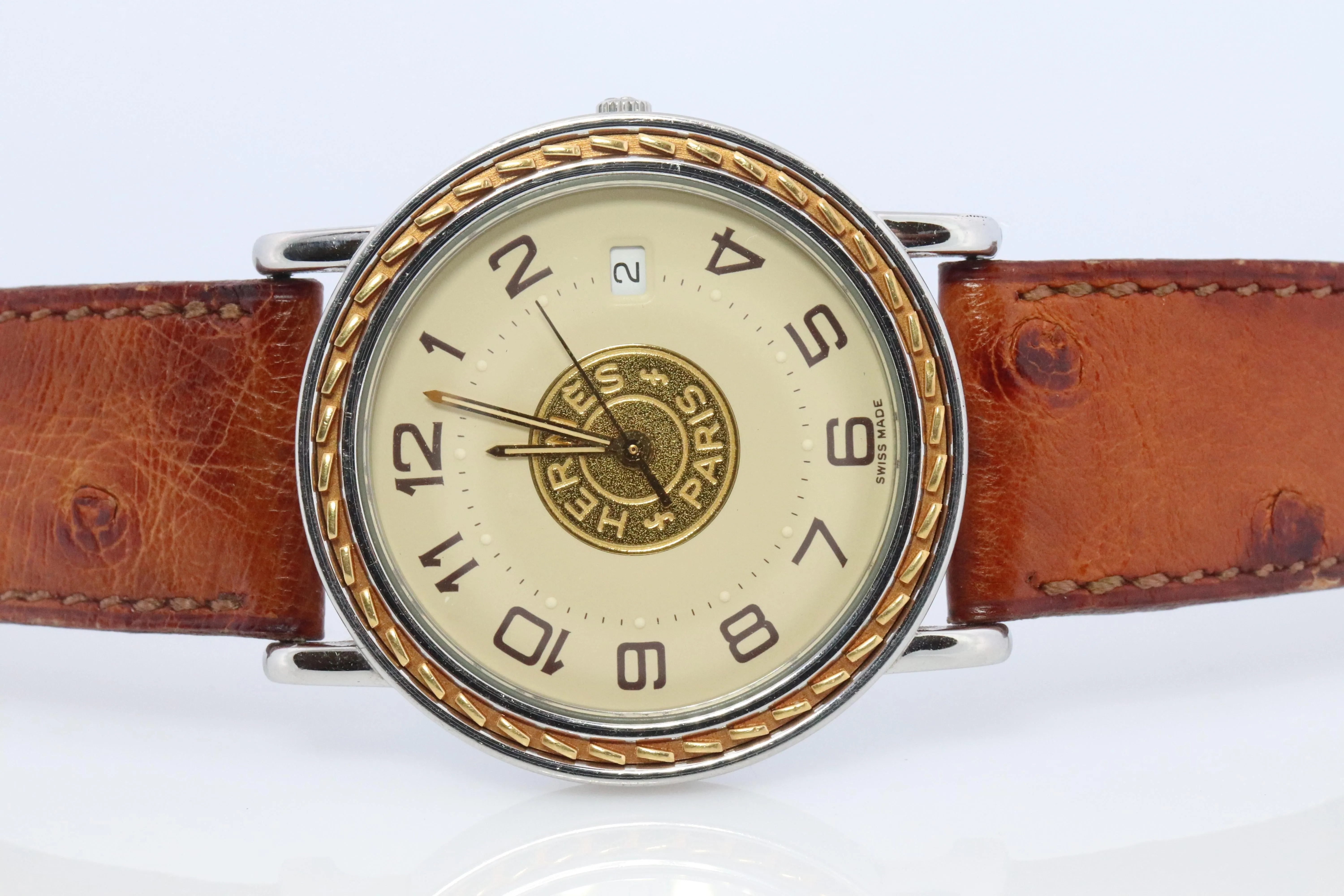 Genuine HERMES Sellier 34mm Round SS and 18k Quartz Hermes SE3.720 Mens Watch