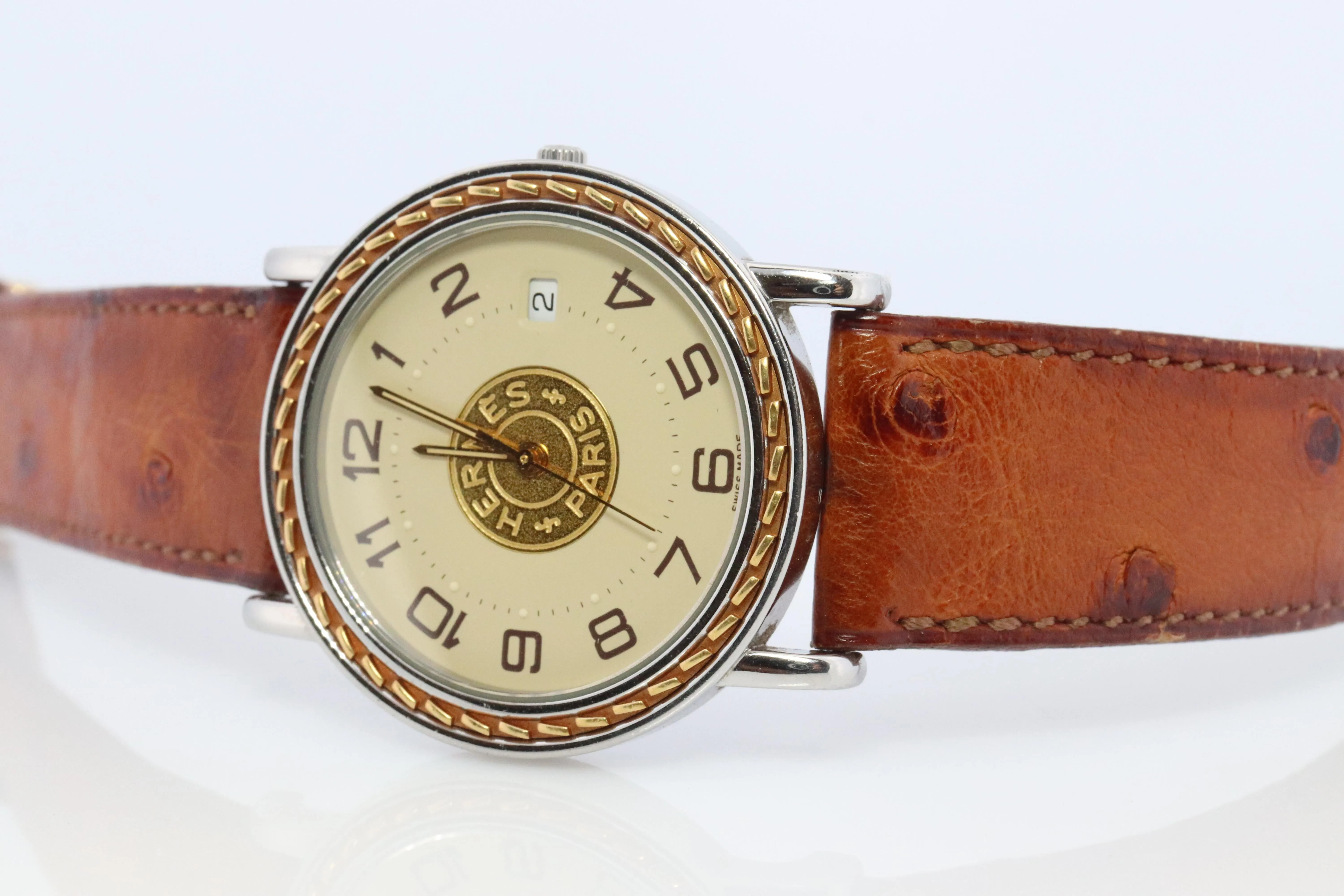 Genuine HERMES Sellier 34mm Round SS and 18k Quartz Hermes SE3.720 Mens Watch