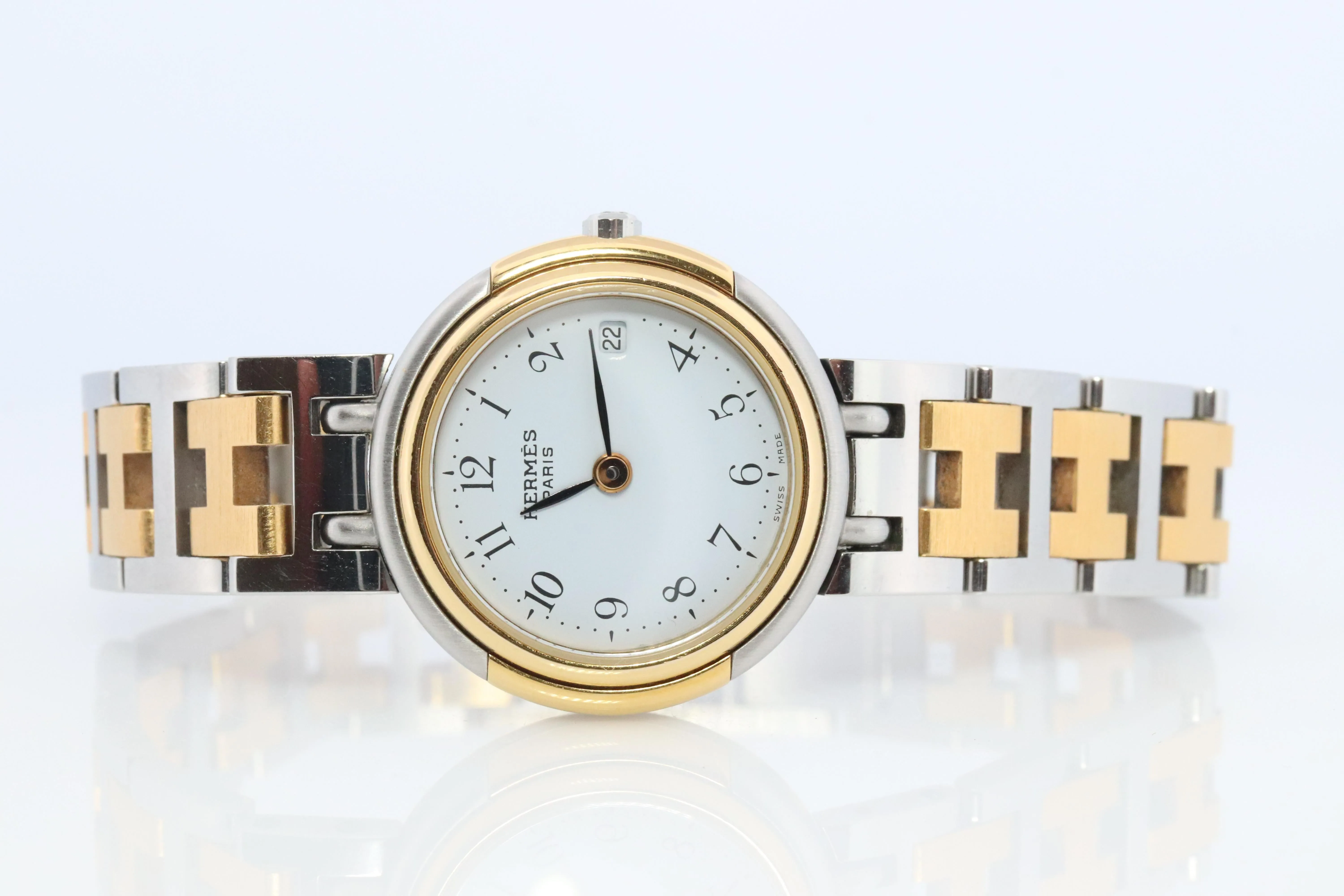 Genuine HERMES Windsor SS 24mm Round Quartz Watch White Dial