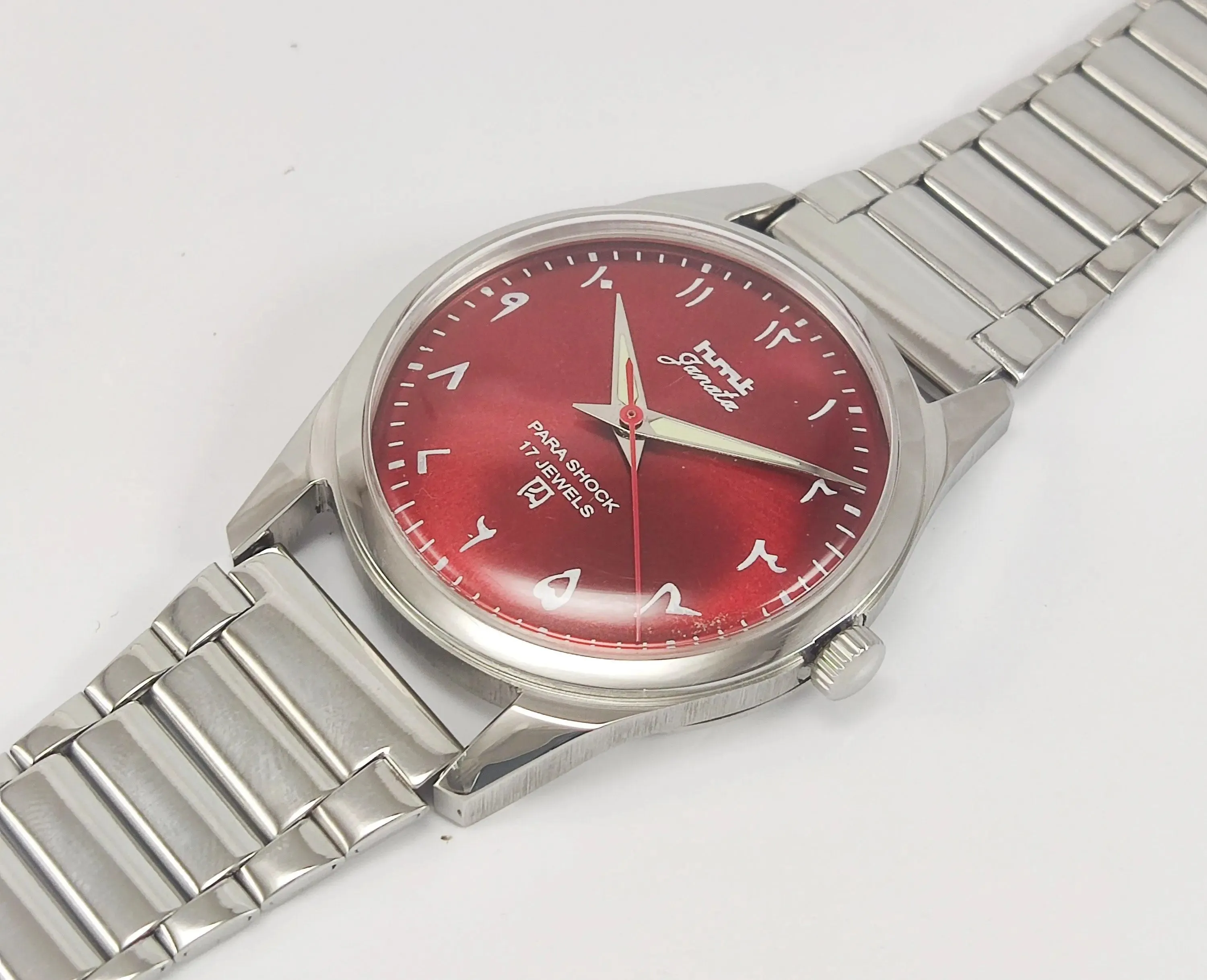 HMT Janata Para Shock 17 Jewels Maroon Red Urdu / Arabic Dial Transparent Back Mechanical Hand winding Men's Wrist Watch