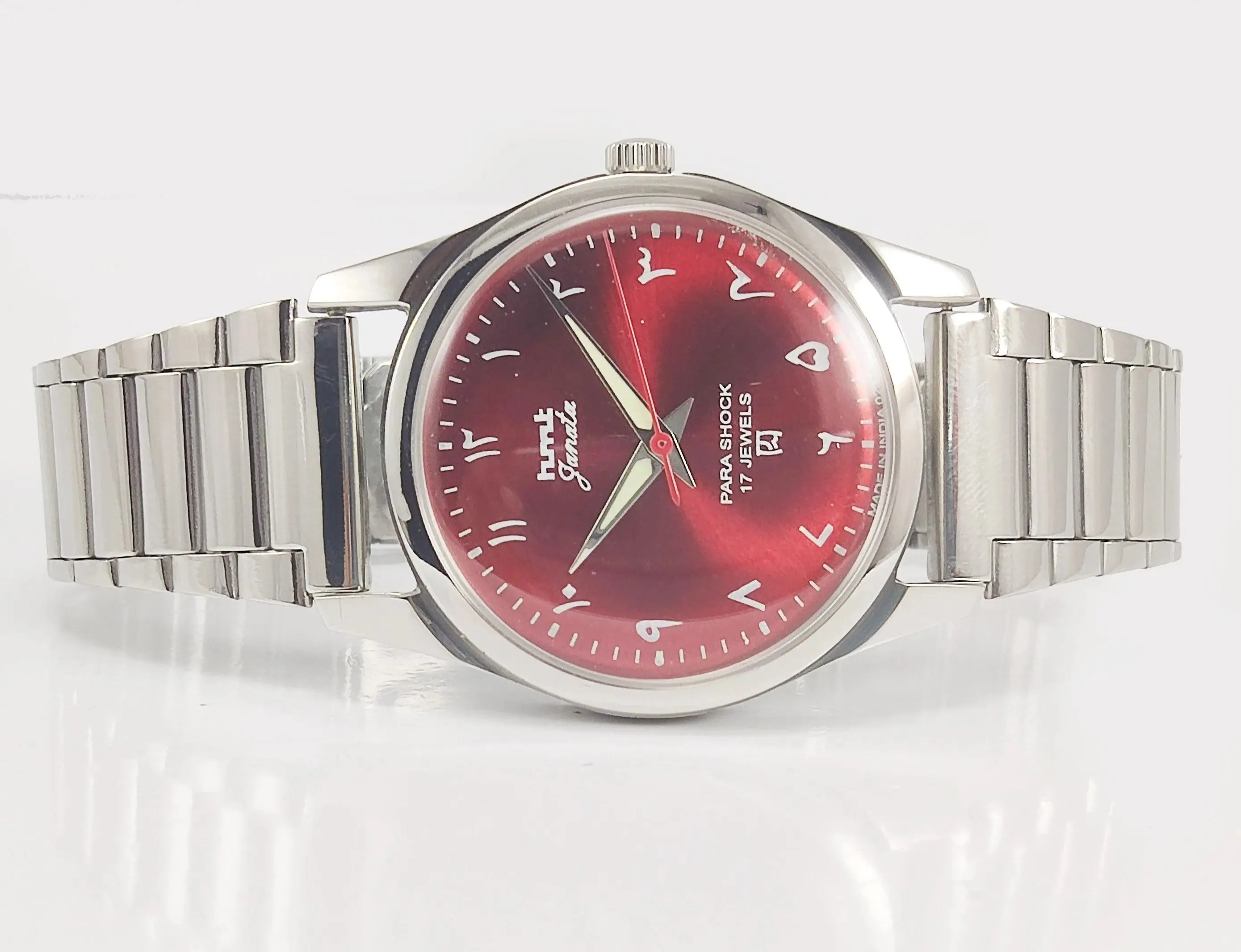HMT Janata Para Shock 17 Jewels Maroon Red Urdu / Arabic Dial Transparent Back Mechanical Hand winding Men's Wrist Watch