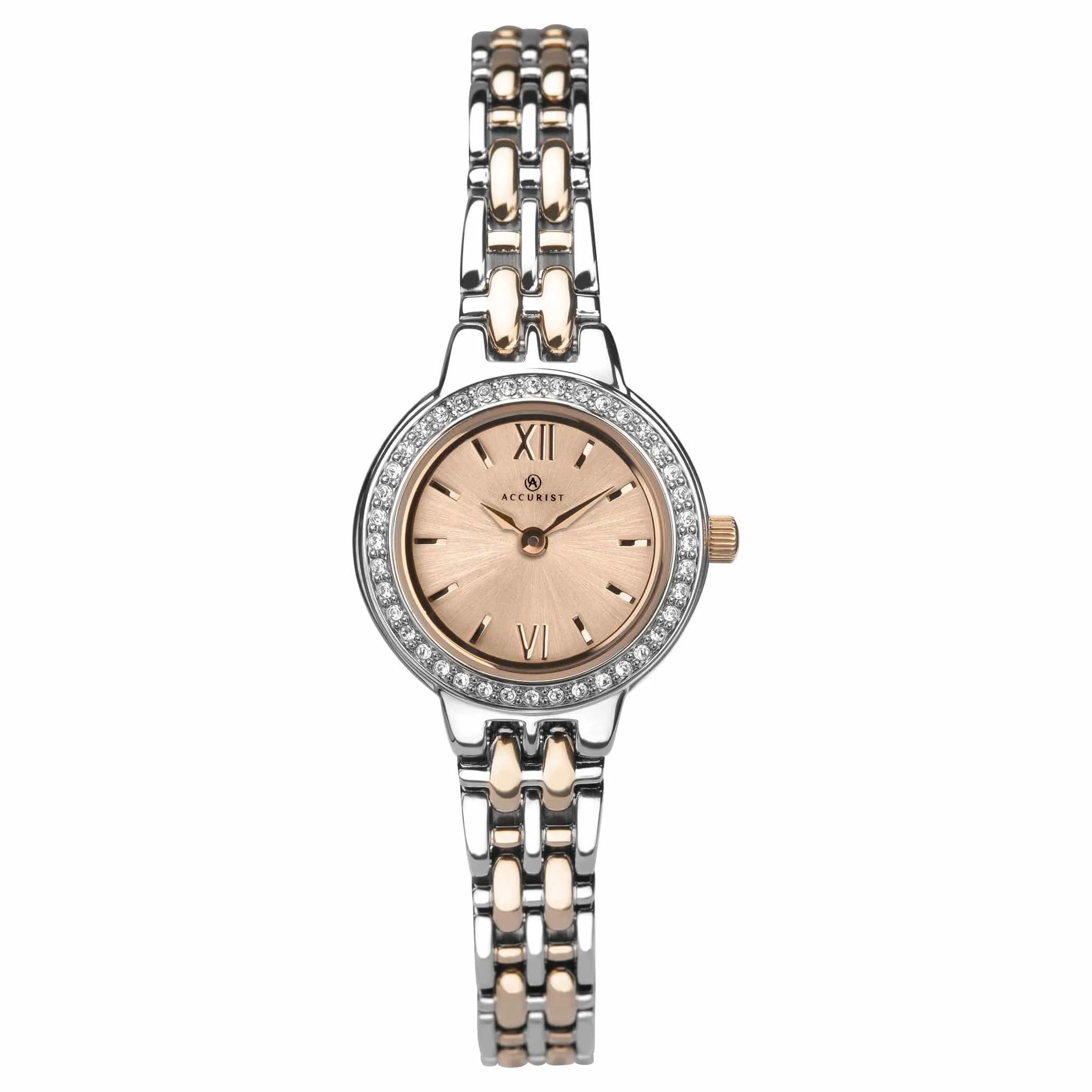 Ladies Rose Gold Plated And Stainless Steel Bracelet Watch With a Swavorski Stone Bezel