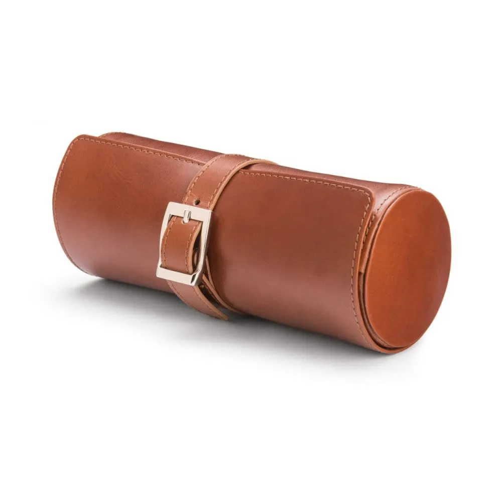 Large Leather Watch Roll - Havana Tan With Green