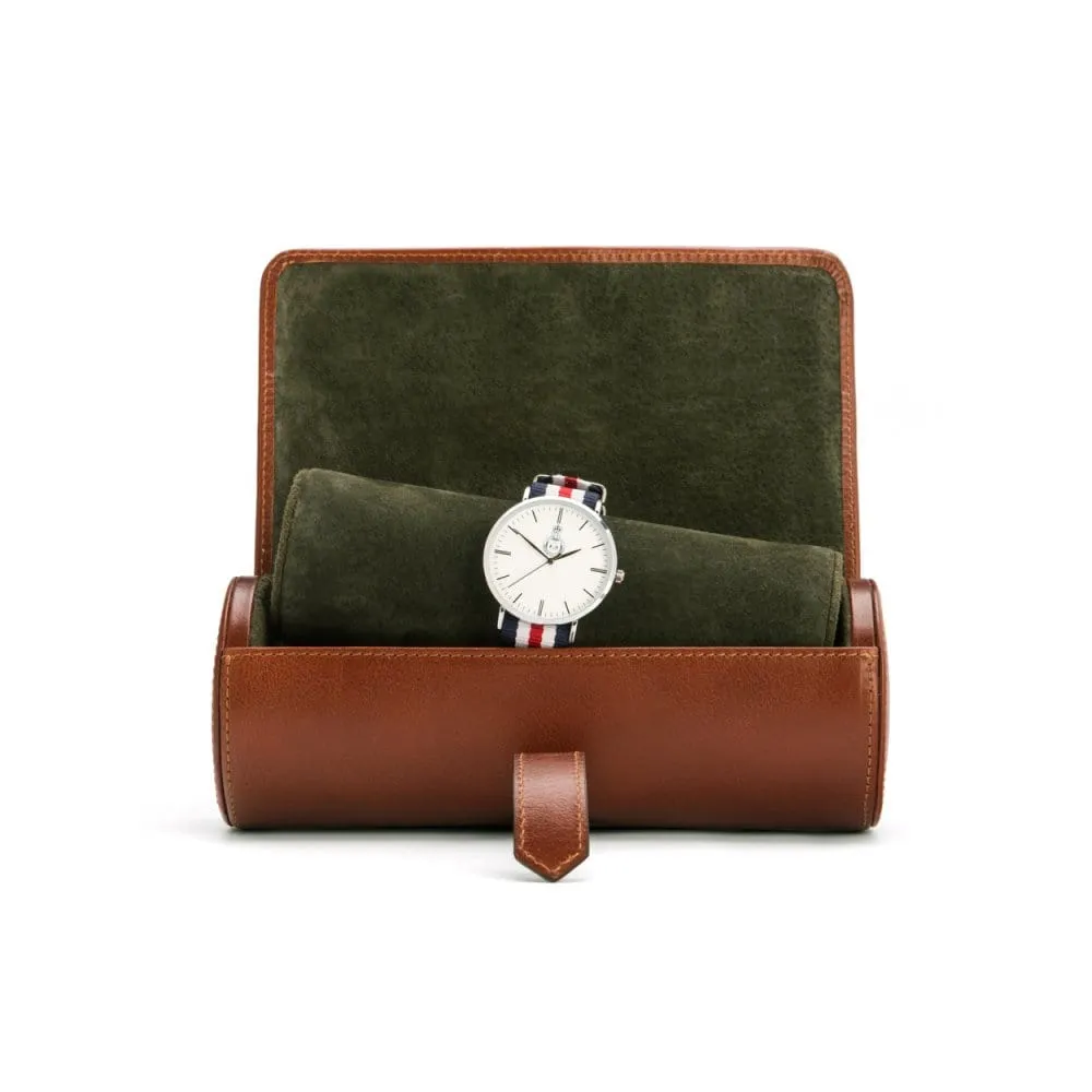 Large Leather Watch Roll - Havana Tan With Green