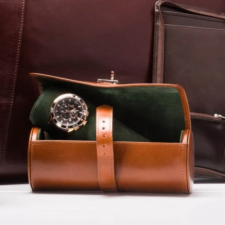 Large Leather Watch Roll - Havana Tan With Green