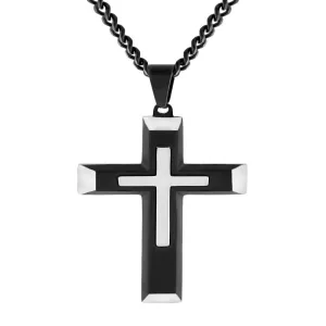 Men’s Stainless Steel Two Tone Stacked Cross Pendant Necklace Chain